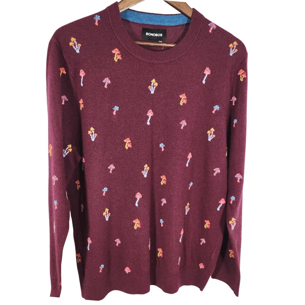 BONOBOS Rare Mens Burgundy Maroon Mushroom Knit Crewneck Golf Sweater Size Large